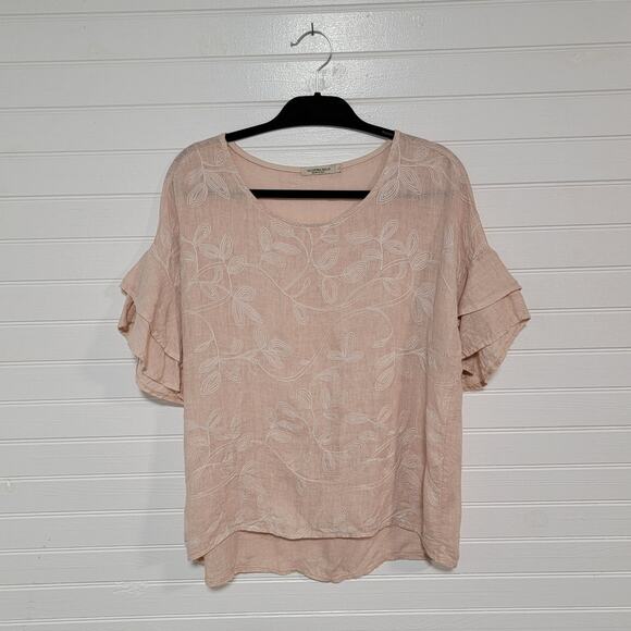 Valentina Naldi Size Large 100% Linen Embroidered Top Oversized Boxy Bell Sleeve - Picture 1 of 11